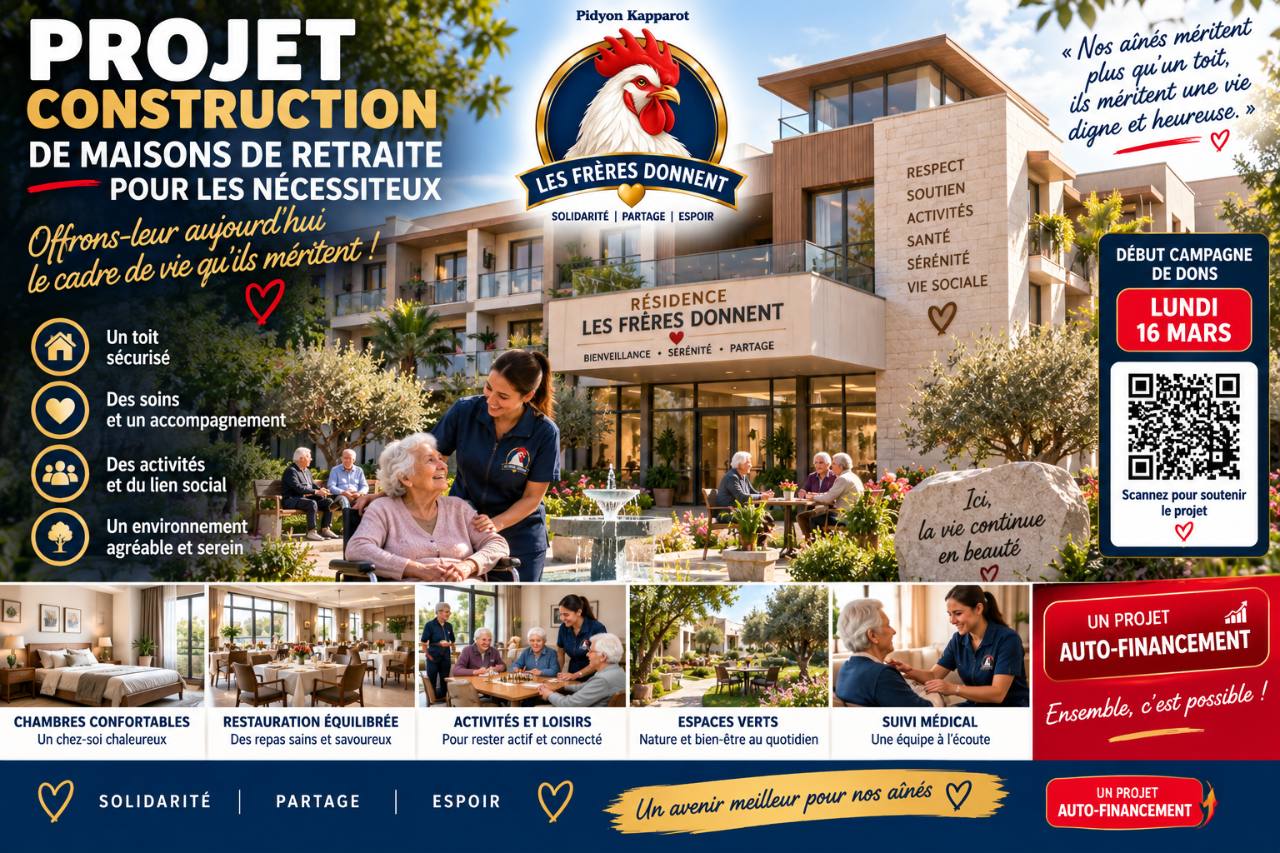 Projet de construction de maisons de retraite pour les nécessiteux : chambres, restauration, activités, espaces verts et suivi médical.
