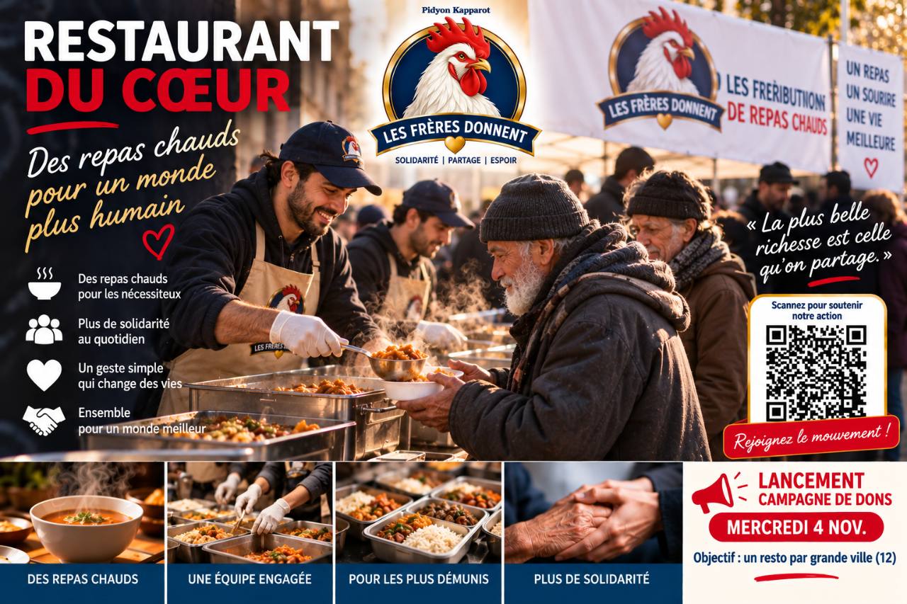 Restaurant du cœur : distribution de repas chauds pour les plus démunis.